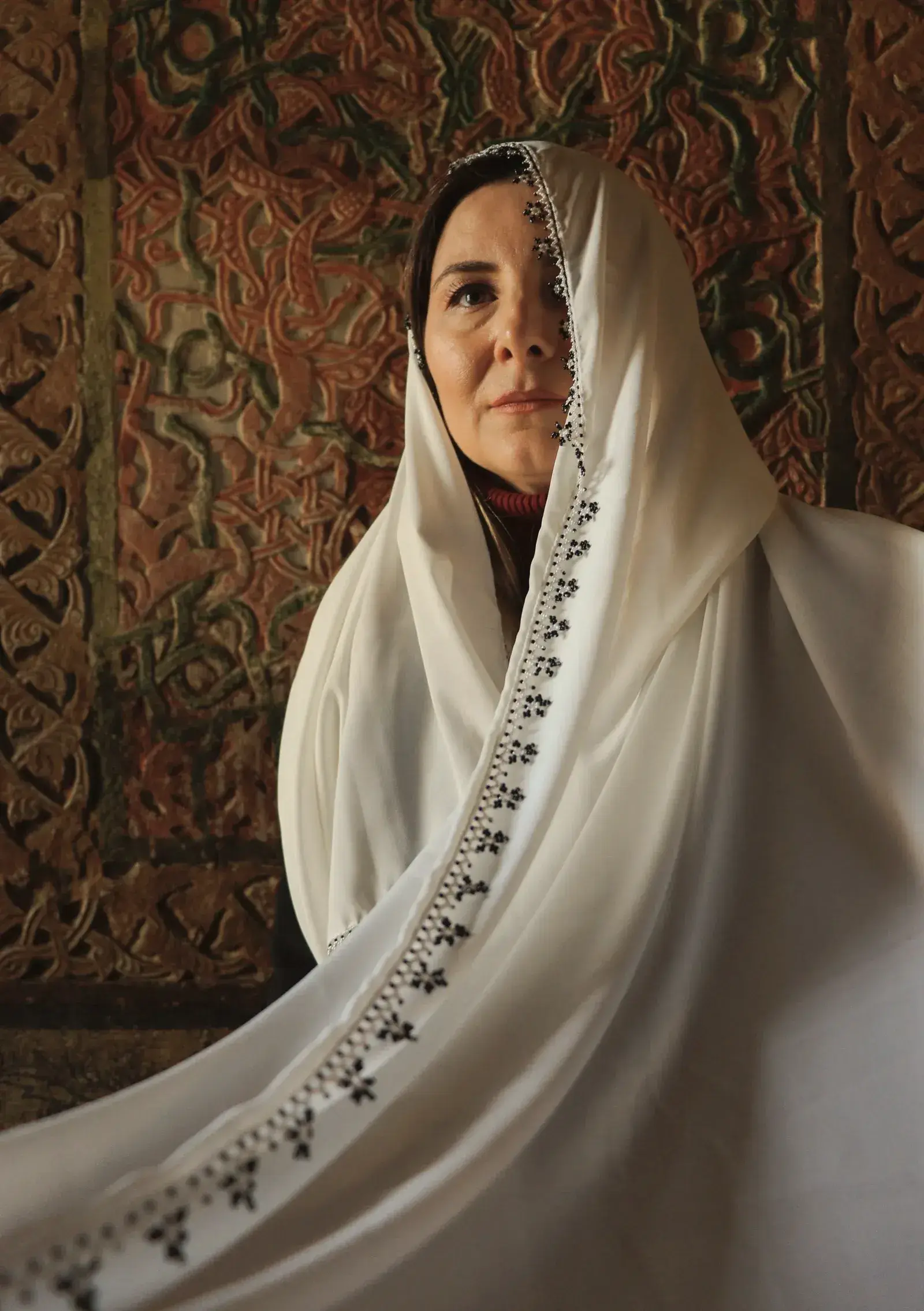 Ivory Dhakai Jamdani Saree, worn