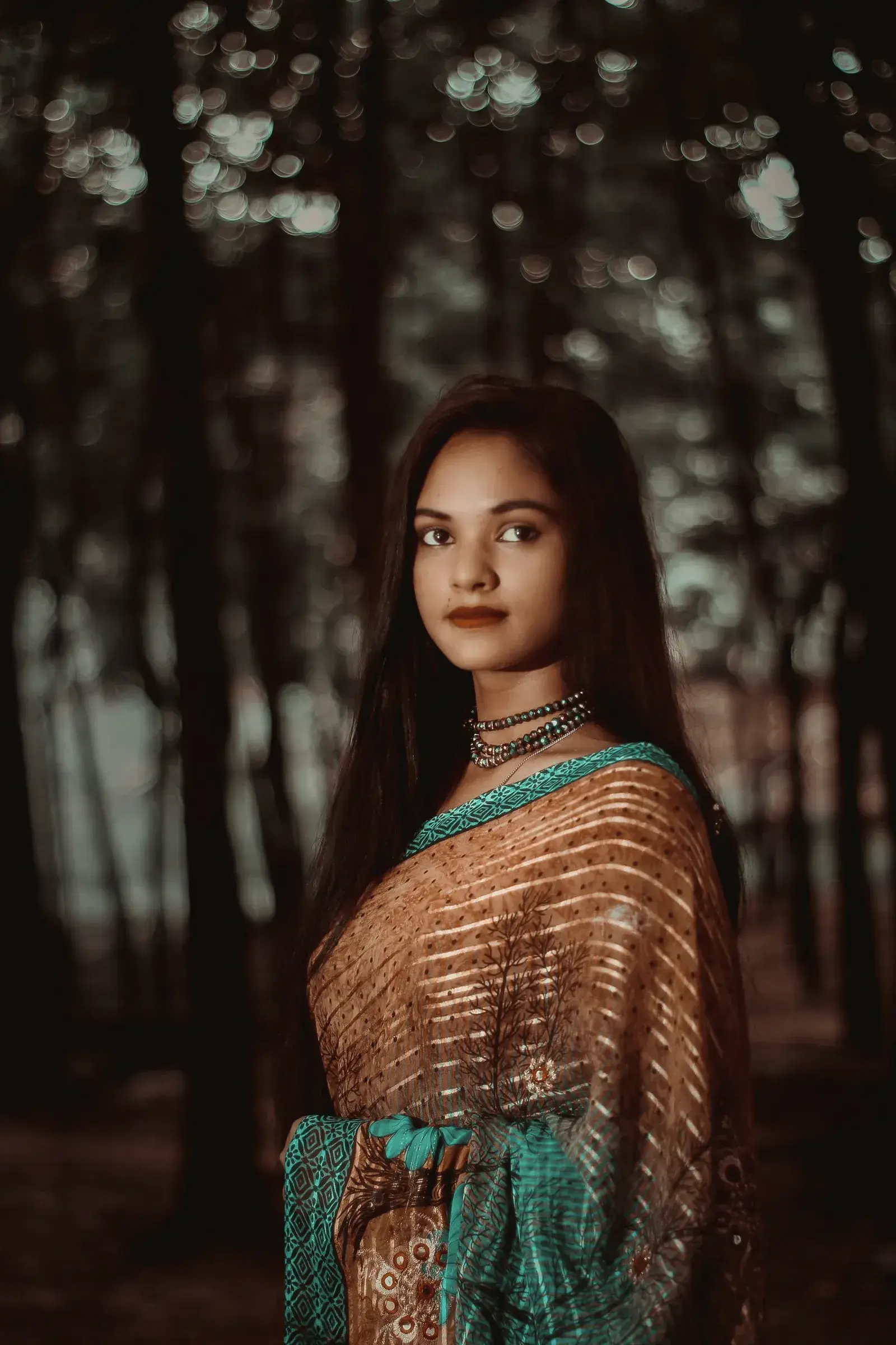 A woman in a striped tussar saree in a dark wood at dusk