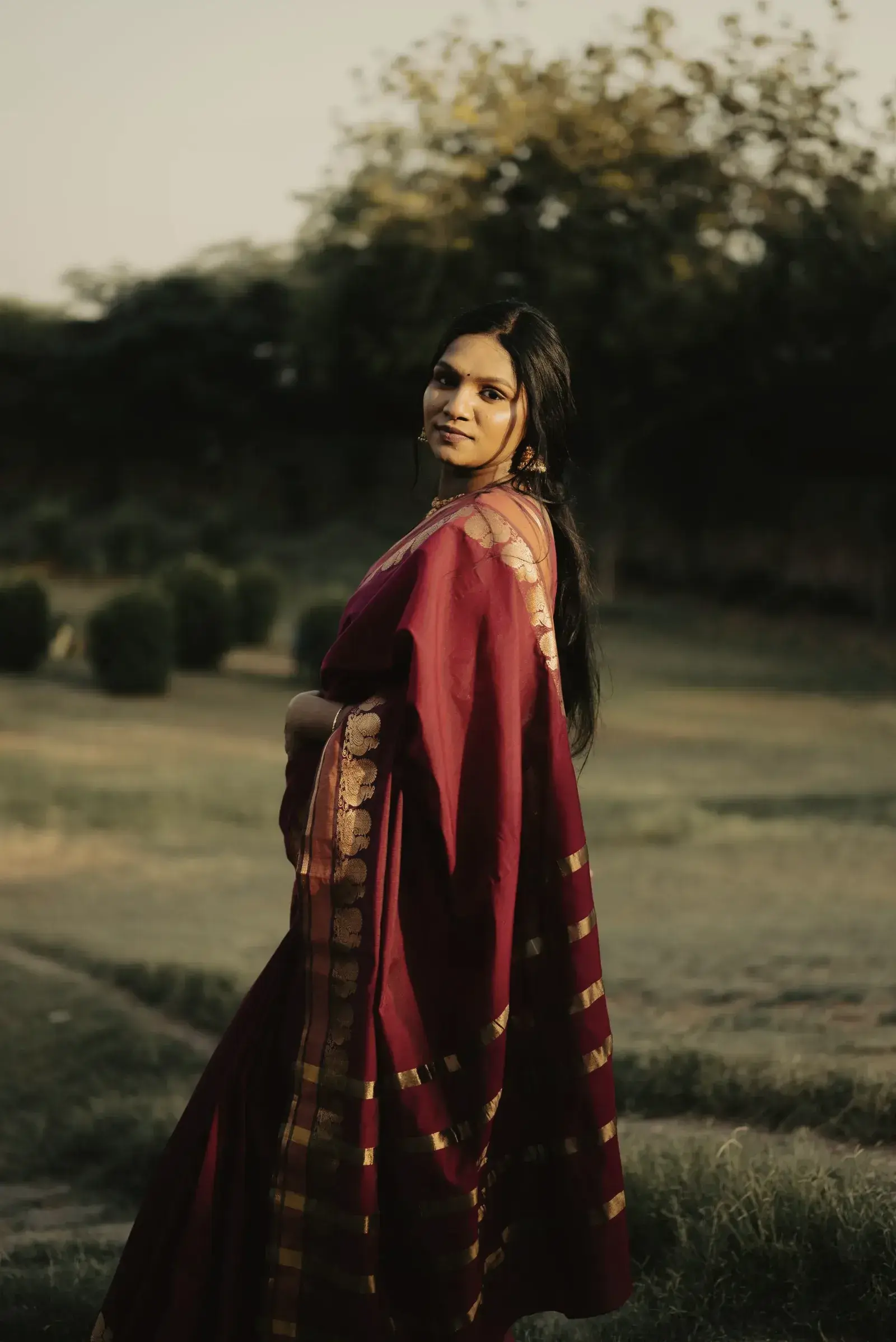 Maroon Tussar Saree with Zari Stripes, worn